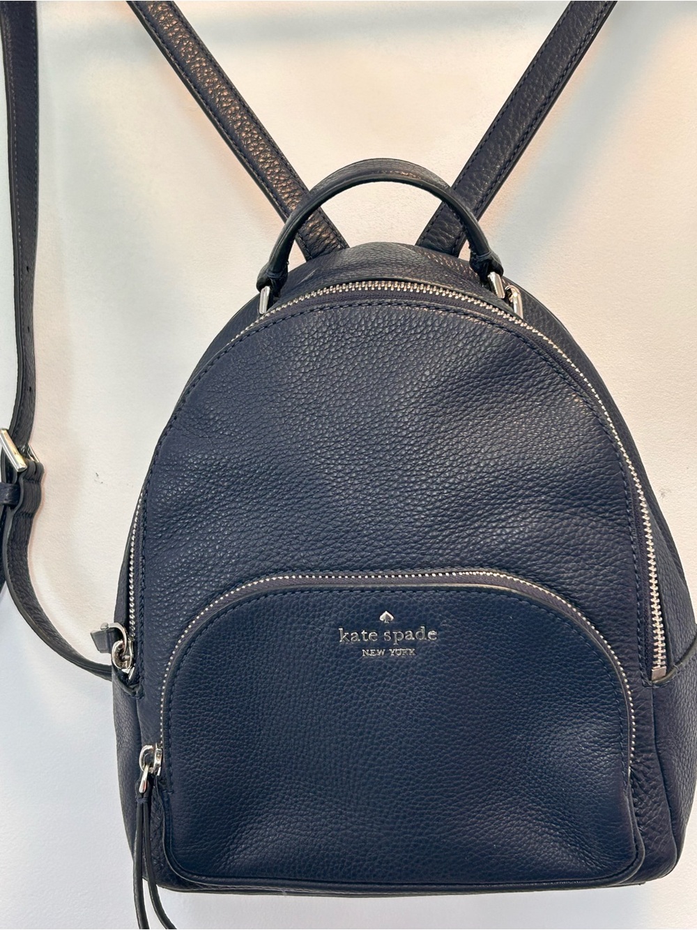 kate spade navy pebbled leather mini backpack with silver hardware
